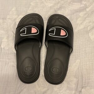 Champion Black Slides with Pink and White Logo
